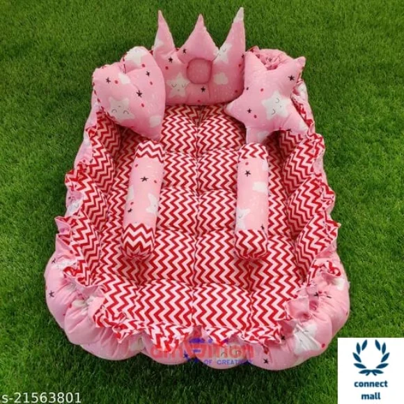 Pink Unique Newborn Baby Round Tub Bedding Set, Reversible Bed Set Cum Mattress with 3 Multi Shape Pillows for Newborn to Toddlers ( Blue& Sky Blue) - Red & Pink